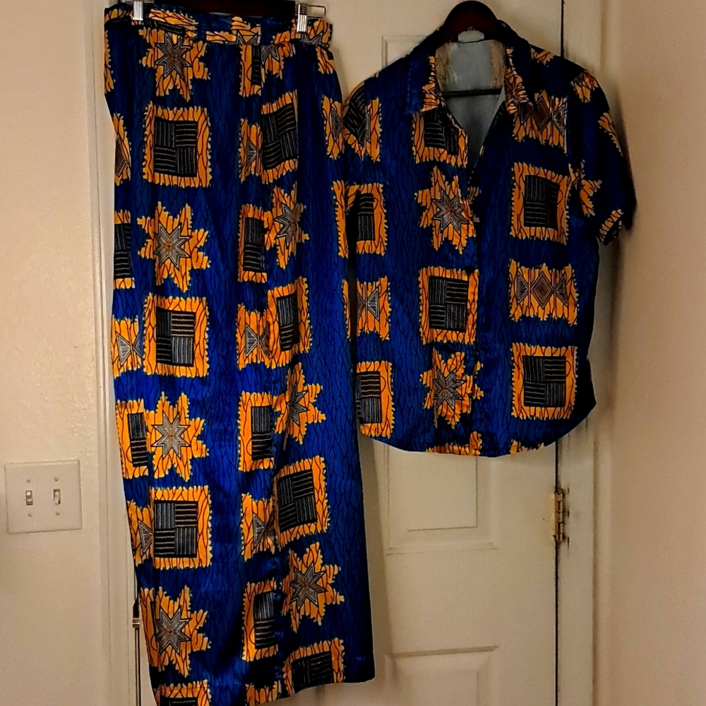 2 piece silk African print wide leg suit